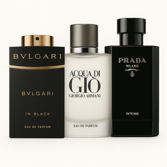 Paquete de 3 perfumes: Bvlgari In Black, Giorgio Armani Acqua Di Gio, L'Homme Prada Intense (Eau de Parfum)